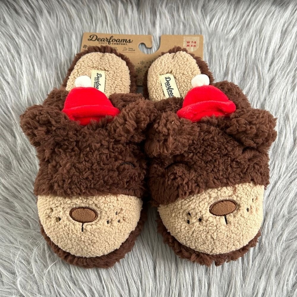 Dearfoams Brown Bear Slippers Womens Size 7-8 Mens 5-6 Slip On Soft Fuzzy Shoes